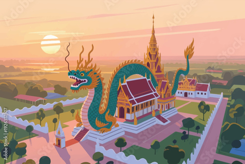Illustration Of An Ancient Temple With A Dragon On The Roof, With A Stunning, Beautiful Sunset Vector Design Template
