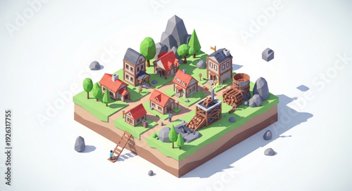 Isometric Village Scene with Buildings and Trees.