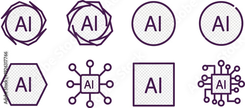 A diverse set of artificial intelligence vector graphic illustrations showcasing various AI concept icons and symbols for technology design