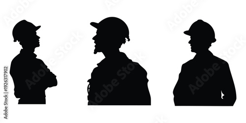 Silhouettes of construction workers in hard hats diverse group.