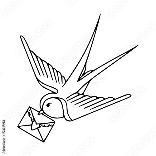 vintage bird delivering envelope line art drawing