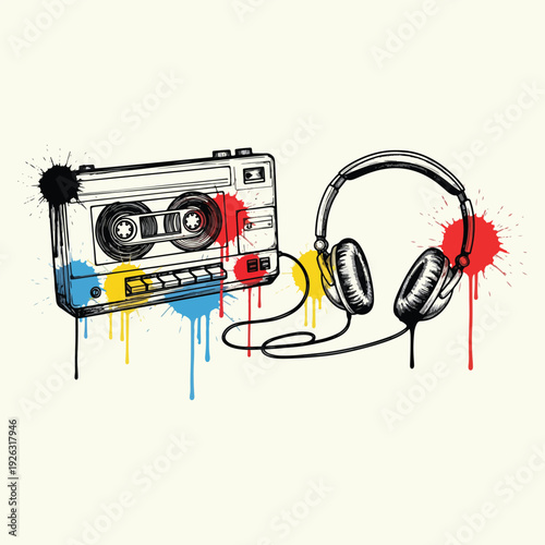 Retro audio cassette tape isolated on white background with vintage music and analogue sound style vector illustration t shirt design.