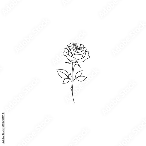 Elegant Single Line Rose Drawing with Stem and Leaves