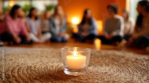Candle burning during women support group session, female community gathering for healing and mindfulness meditation