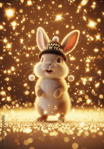 Smiling Rabbit Wearing Black New Year Hat with Golden Glitter
