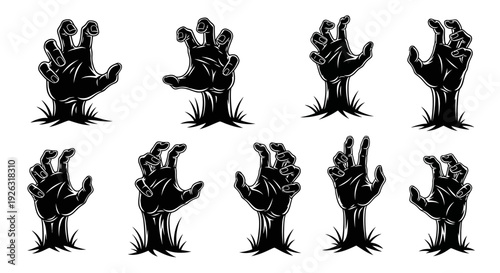 Collection of Diverse Stylized Black Silhouette Zombie Hands Emerging from Ground