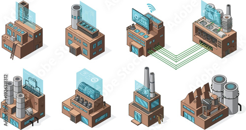 A collection of isometric vector illustrations representing various types of modern smart factories utilizing digital technology and data integration