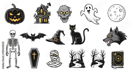 Halloween Spooky Icons Collection: Pumpkin, Ghost, Witch Hat, Vampire, and More