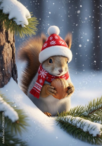 Squirrel in Red Hat and Scarf Holding Nut in Snowy Forest