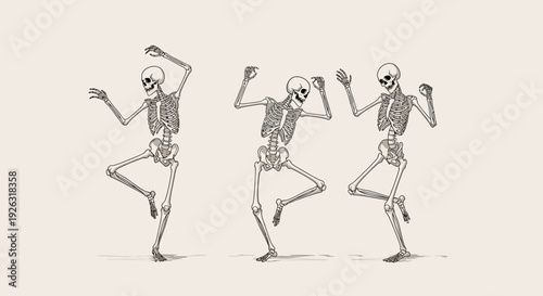 Fotografi Three Skeletons Dancing Joyfully with Raised Arms and Legs on a Light Background