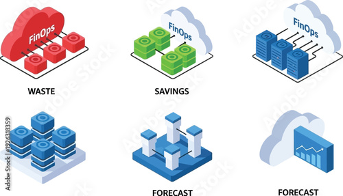 Isometric vector graphic illustration depicting the key stages of FinOps cloud financial management processes