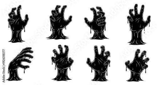 Creepy Zombie Hands Emerging from the Ground Silhouette Vector Illustrations Set