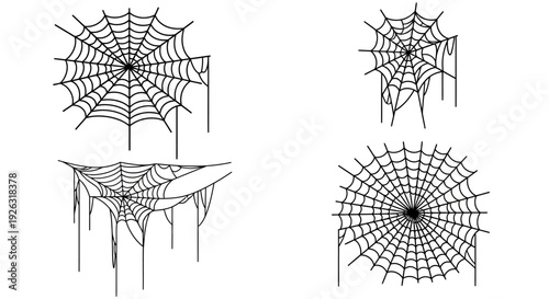 Set of Four Stylized Spiderwebs with Hanging Strands - Vector Graphics
