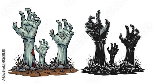 Zombie Hands Rising from the Ground, Halloween Horror Illustration