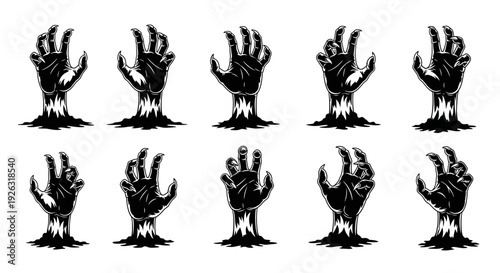 Creepy Zombie Hands Rising from Ground Illustration Set