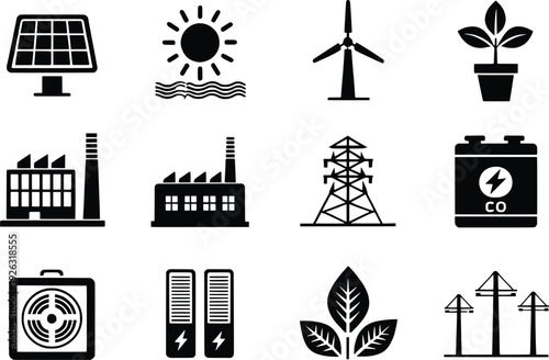 Various icons representing renewable and non-renewable energy sources
