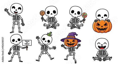 Cute Halloween Skeleton Characters Collection with Pumpkin and Lollipops
