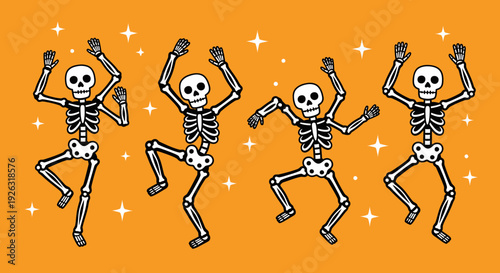 Four Dancing Skeletons on Orange Background with Sparkles, Halloween Illustration