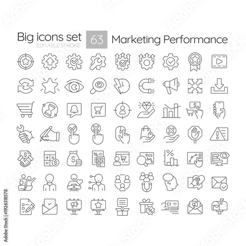 Marketing performance line icons set. Advertising campaign. Business management, customer experience. Isolated vector outline illustrations. Thin lineart iconset symbols. Editable stroke