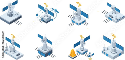 Vector illustration of satellite communication technology concepts depicting global data transfer and network connection processes in an isometric graphic design.