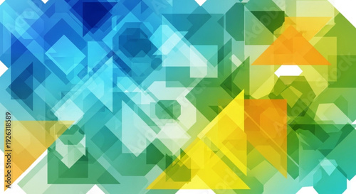 Vibrant geometric shapes in blue green and yellow hues create abstract composition with dynamic triangles and squares on white background