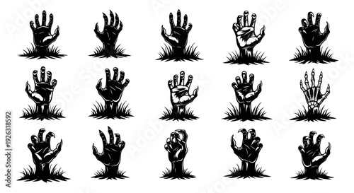 Collection of creepy zombie hands emerging from the ground with grass, vector illustration