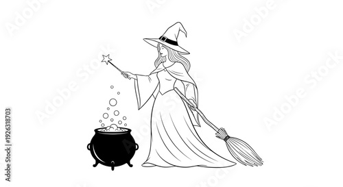 Enchanting Witch Brewing Potion with Magic Wand and Broomstick, Halloween Art