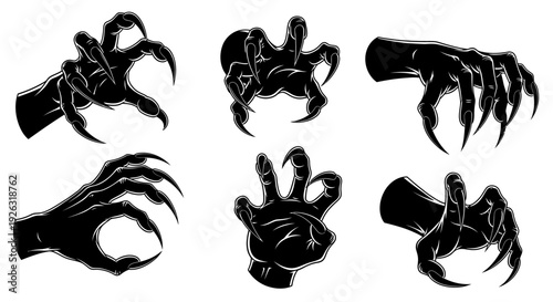 Collection of Black Silhouette Monster Clawed Hands with Sharp Nails, Graphic Vector Set