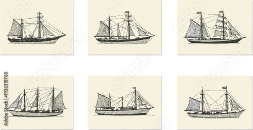 A collection of six identical vector illustrations showcasing a vintage sailing ship design in a stippled, classic maritime graphic style.