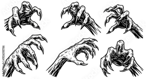 Collection of Six Illustrations of Terrifying Monster Claws and Hands