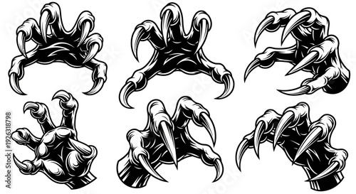 Collection of Black and White Monster Claw Illustrations with Sharp Nails