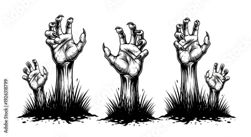 Zombie Hands Clawing Out of the Ground with Grass, Spooky Halloween Illustration
