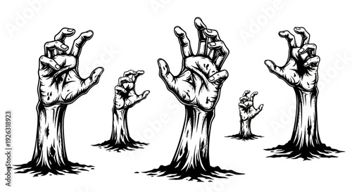 Zombie Hands Emerging from the Ground, Vector Illustration Set for Halloween