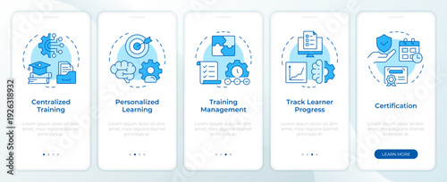Five components of lms systems blue onboarding mobile app screen. Walkthrough 5 steps editable graphic instructions with linear concepts. UI, UX, GUI. Montserrat SemiBold, Regular fonts used