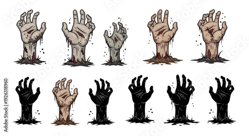 Creepy Zombie Hands Rising from the Ground: Vector Illustration Set