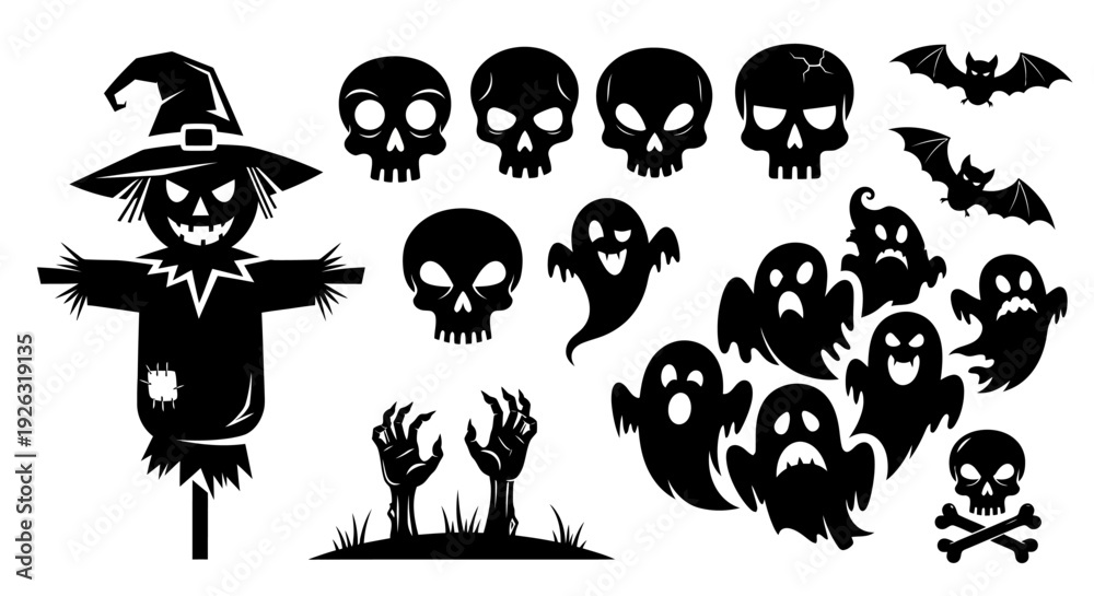 Obraz premium Spooky Halloween Silhouette Icon Set: Scarecrow, Skulls, Ghosts, Zombies, and Bats