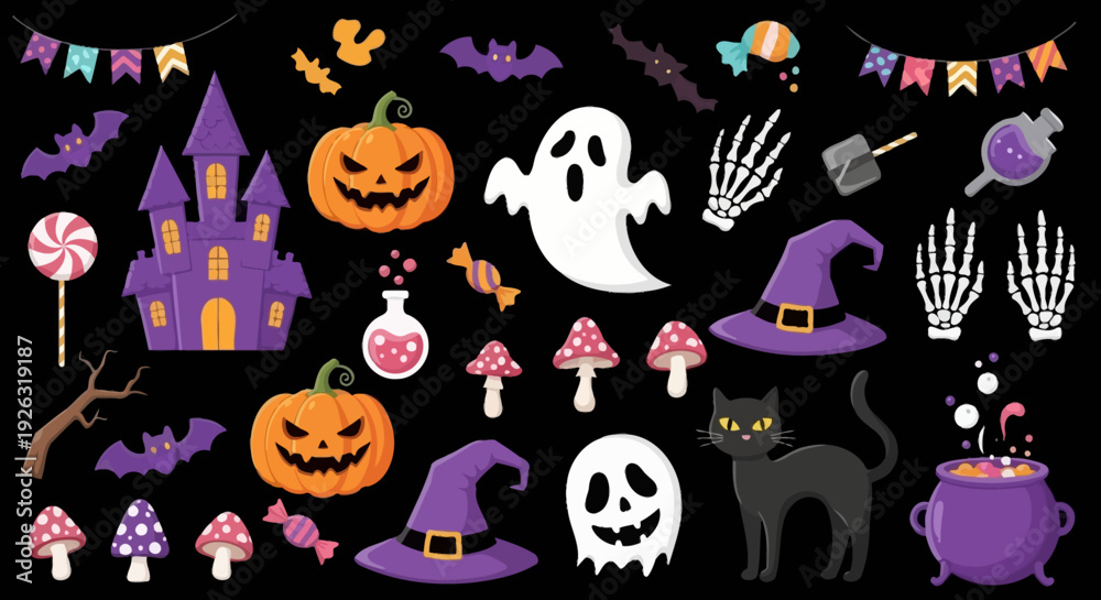 Obraz premium Spooky Halloween Collection: Pumpkins, Ghosts, Cats, and Witchcraft Elements