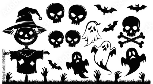 Halloween Spooky Silhouette Icons: Scarecrow, Ghosts, Skulls, Bats, and Zombie Hands on Grass