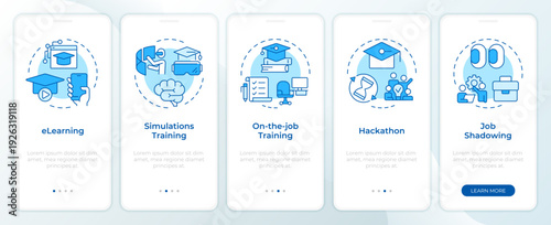 Five personal development methods blue onboarding mobile app screen. Walkthrough 5 steps editable graphic instructions with linear concepts. UI, UX, GUI. Montserrat SemiBold, Regular fonts used