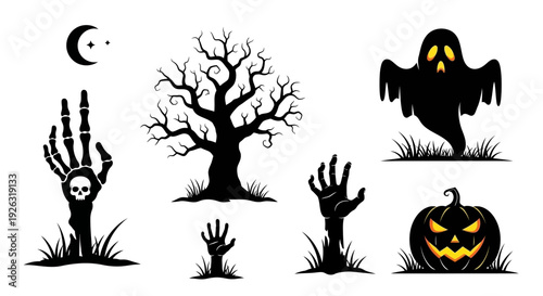Halloween Spooky Season Vector Elements with Zombies, Ghosts, and Pumpkins