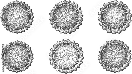 Six empty round black and white vintage bottle cap vector graphic designs perfect for retro branding projects