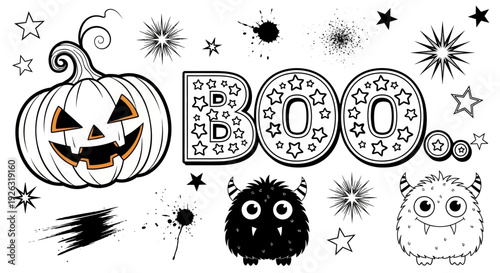 Halloween Boo pumpkin, cute monsters, and stars vector illustration for holiday design
