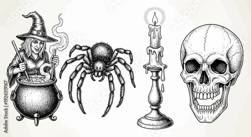 Halloween Witch Cauldron, Spider, Candle on Candlestick, and Skull - Spooky Vintage Illustration
