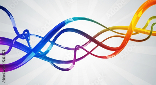 Vibrant rainbow colored ribbon curves intertwined in dynamic motion on white background with subtle gradient rays symbolizing diversity and connection