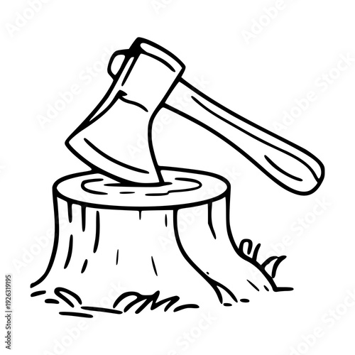 lumberjack hatchet on wood log sketch for outdoor design
