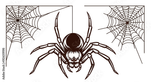 Creepy Spider Hanging on Web, Spooky Halloween Illustration for Design