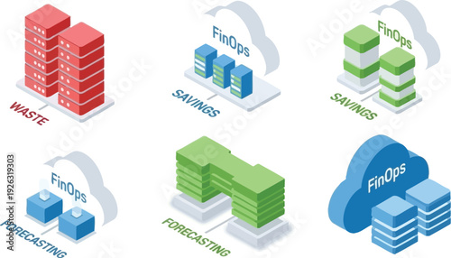 Vector graphic illustration depicting FinOps principles for cloud cost management, showing waste, potential savings, and improved forecasting for optimal financial operations.