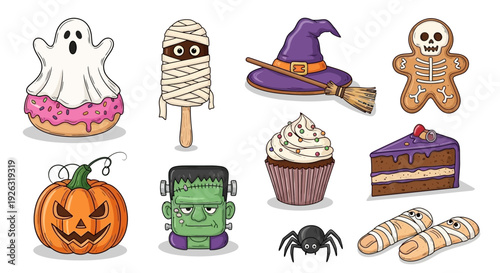 Cute Halloween Treats Collection: Ghost Donut, Mummy Ice Cream, Witch Hat, Skeleton Cookie