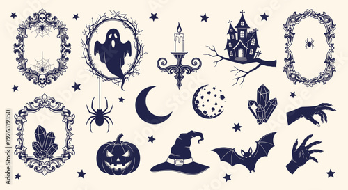 Whimsical Halloween Vector Elements Pack with Spooky Icons and Gothic Decorations