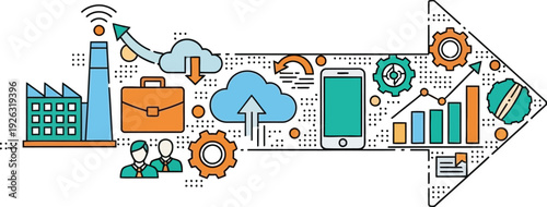 A colorful business concept illustration shaped like an arrow showcasing growth and progress on transparent background silhouette high quality professional detailed